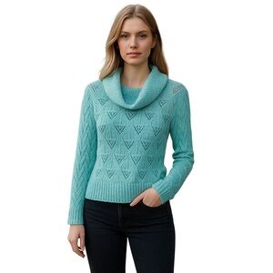 100% cashmere Grayson & Dunn cowl neck sweater aqua green blue petite medium